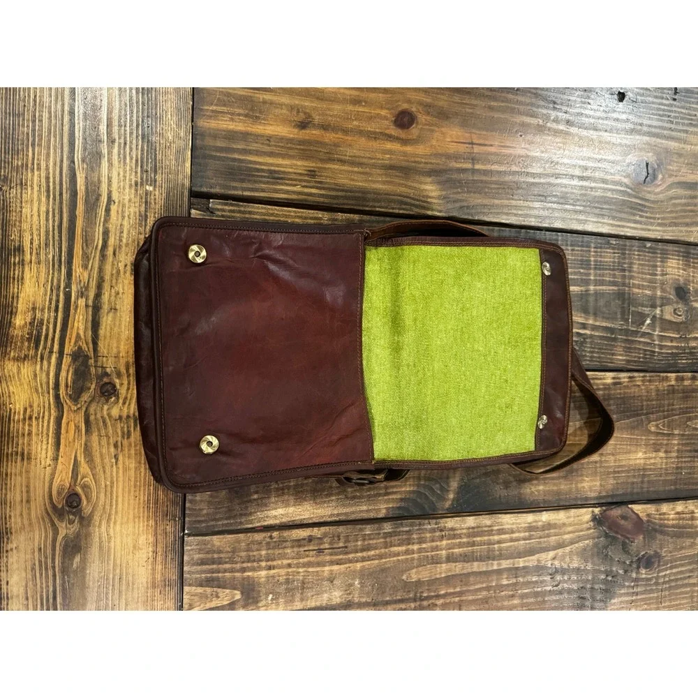 Brown Leather Messenger Bag Satchel Crossbody Distressed Brown Lime Green Lining